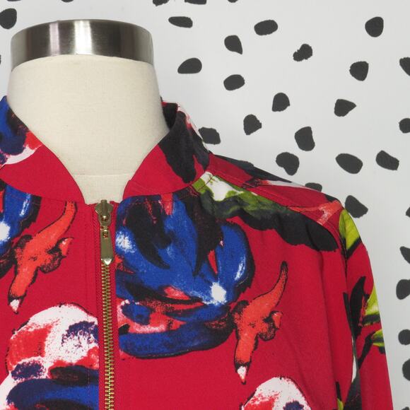 Susan Graver Red Floral Print Lightweight Zipper Front Bomber Jacket - Picture 3 of 10